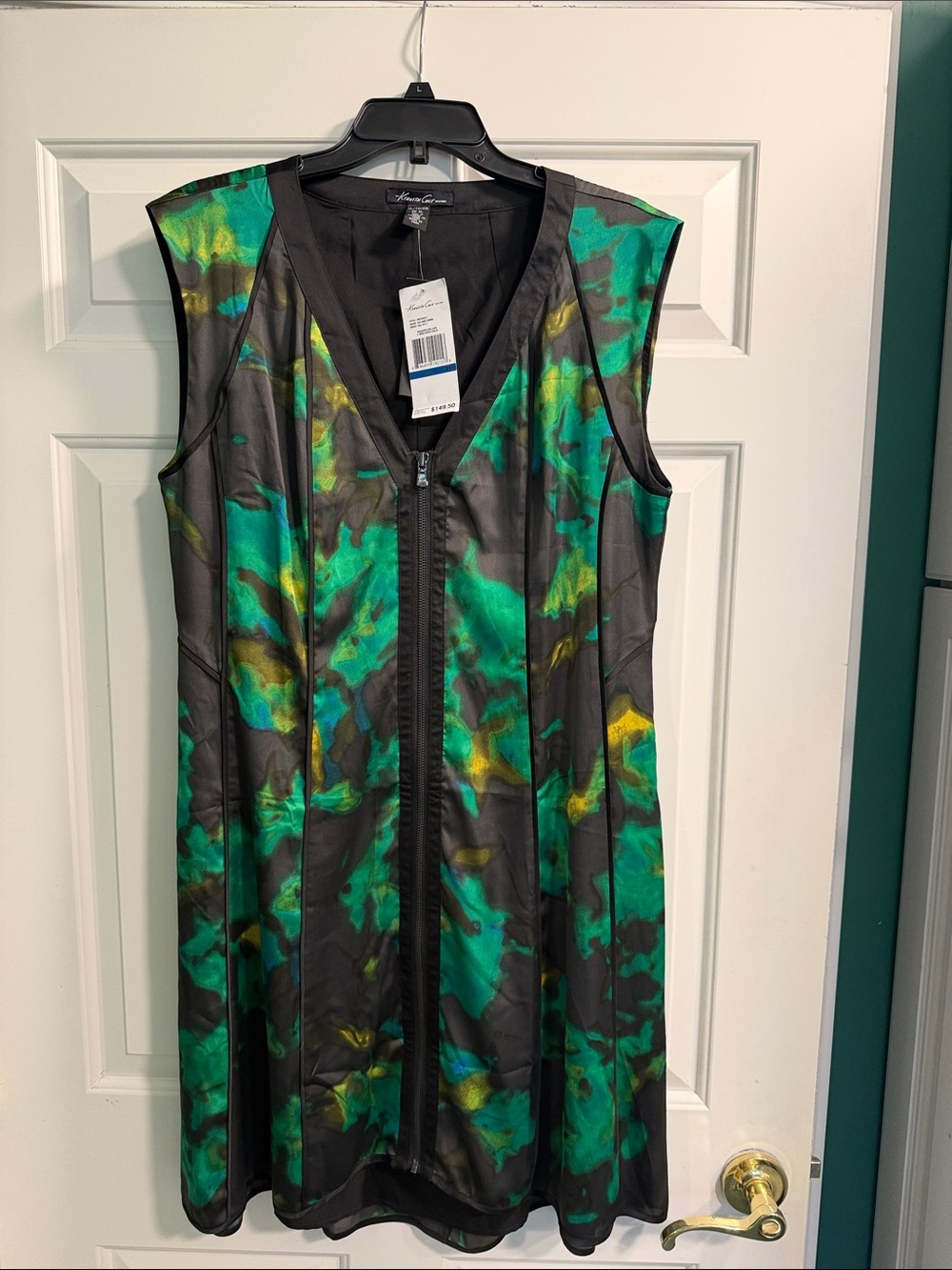 Kenneth Cole New York Green, Black and Yellow Sleeveless Zip-Front Midi Dress
